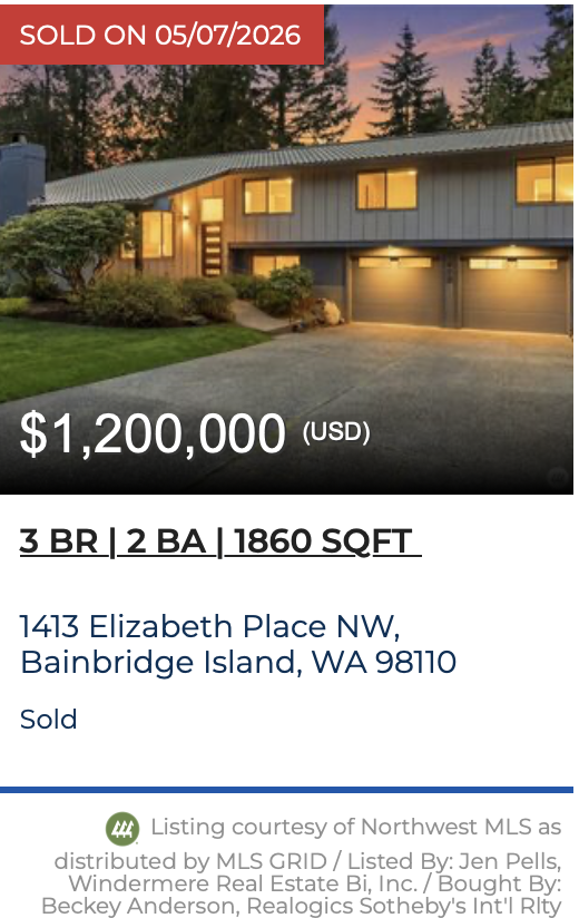 MCM home on Elizabeth Place on Bainbridge Island. Sold by Jen Pells Windermere Bainbridge.